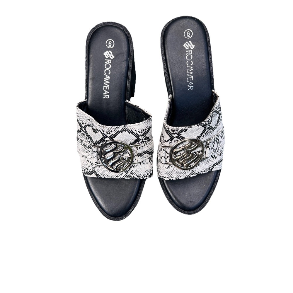 ROCAWEAR VTG Heel Open Toe Platform Sz 6 NWOB Snakeskin Silver Logo Retro 90s